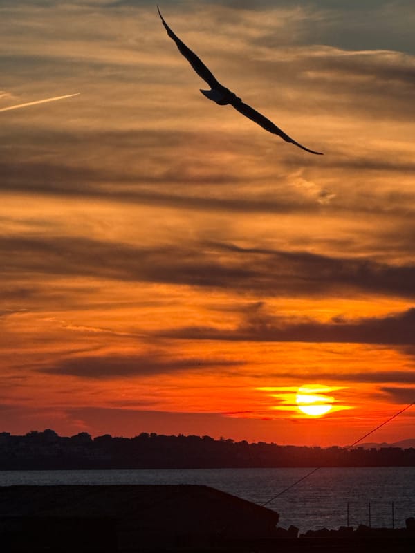 Sunset captured over Sozopol harbor and cobblestone streets