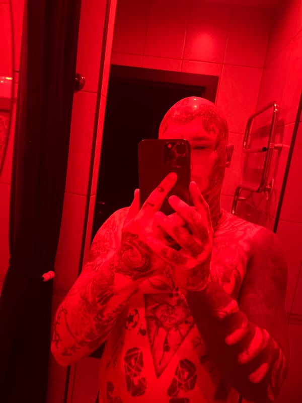 Tattooed person takes bathroom selfie in Kudrovo, Russia
