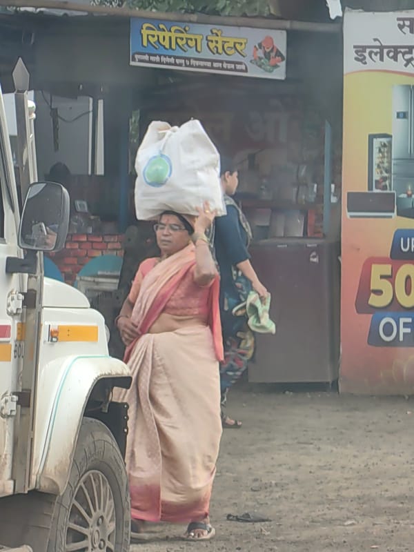 Midday street life along a road in Sarawadi, India
