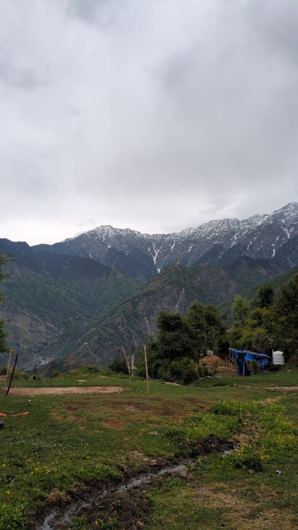 Tourist documents scenic mountain village views in Naddi, India