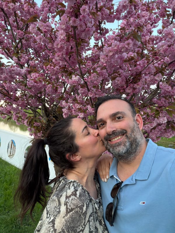 Couple poses under cherry blossoms in Grevenmacher