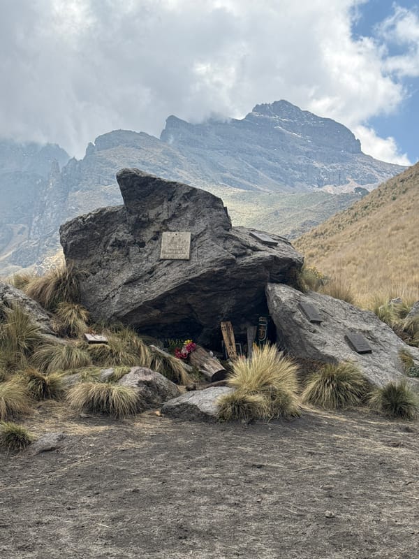 Rock shrine with plaques documented on Mexican mountainside