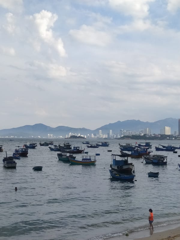 Crowded harbor bay, city skyline, and coastal streets