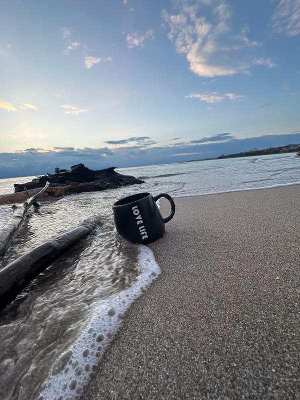 Beach morning captured with inspirational mug in Kiten, Bulgaria