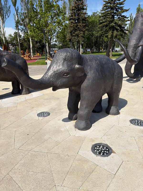 Child's morning park visit documented with sculptures, playground, flowers