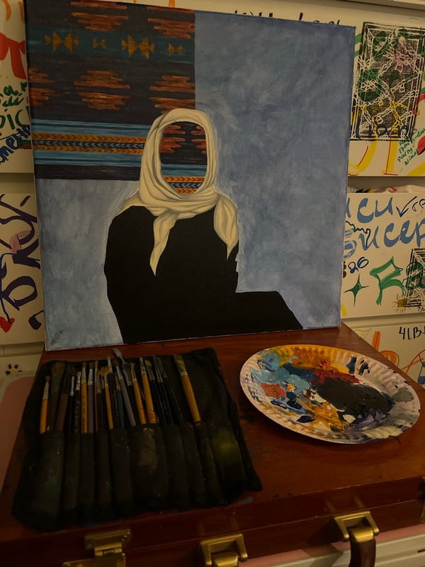 Unfinished portrait painting with headscarf figure spotted in London