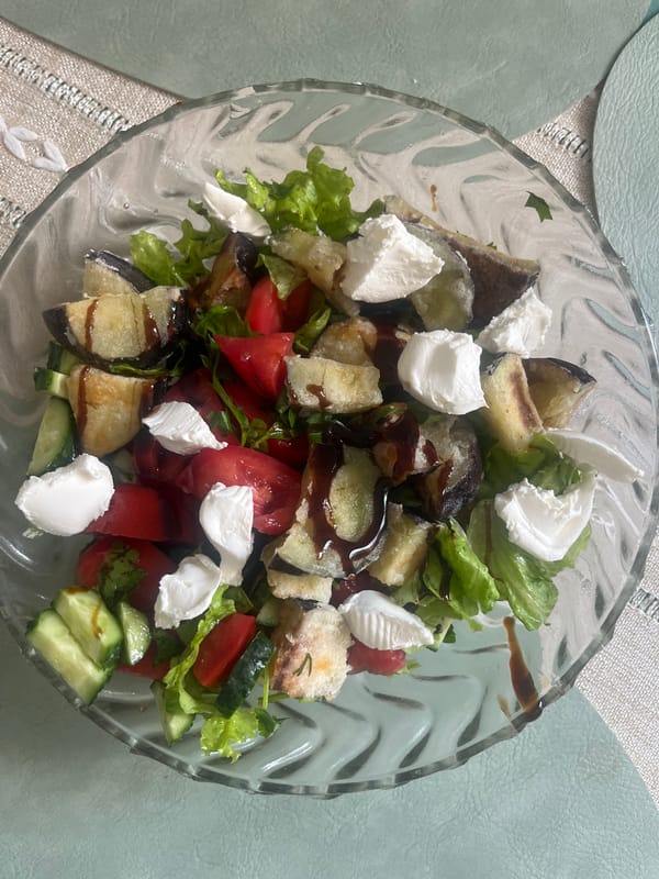 Fresh salad with fried eggplant and white cheese, Voronezh