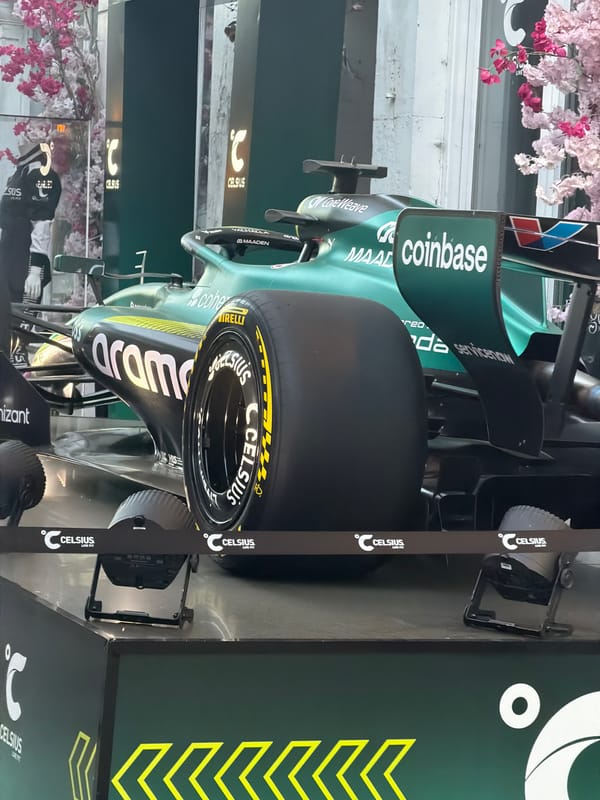 Aston Martin F1 car displayed on Montreal street