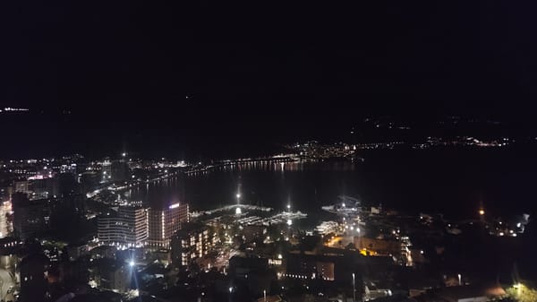 Nighttime cityscape view captured in Budva, Montenegro