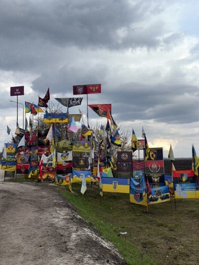 Ukrainian flags displayed in memorial along rural road in Sad