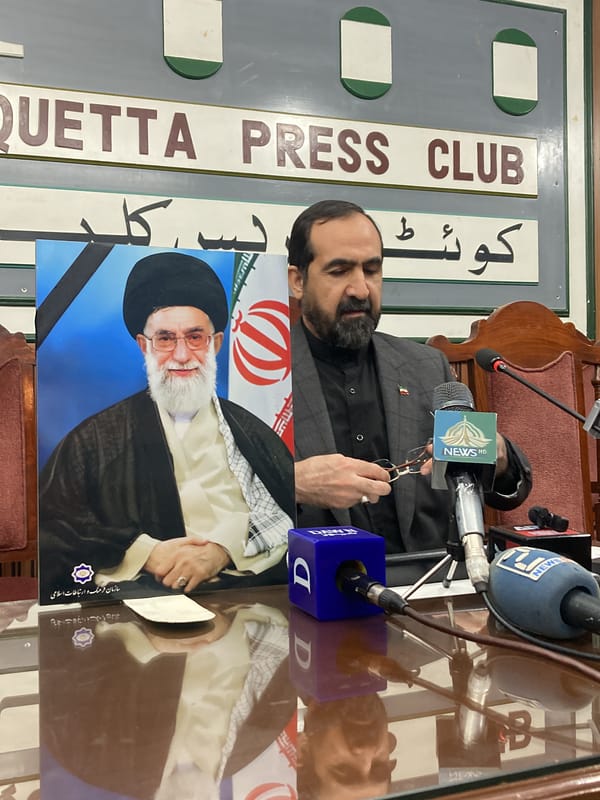 Press conference held at Quetta Press Club with Iranian imagery