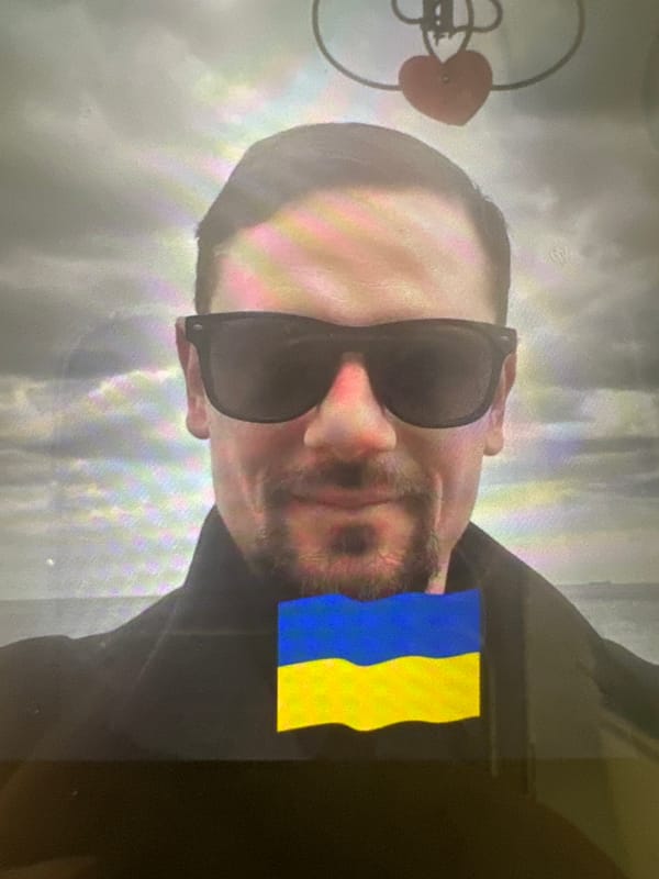 Stylized close-up portraits with sunglasses, one with Ukrainian flag
