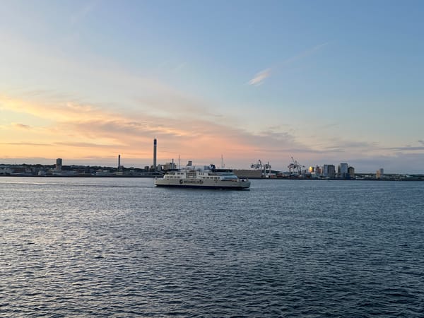 Öresundslinjen ferry crosses a calm Helsingborg strait at sunset