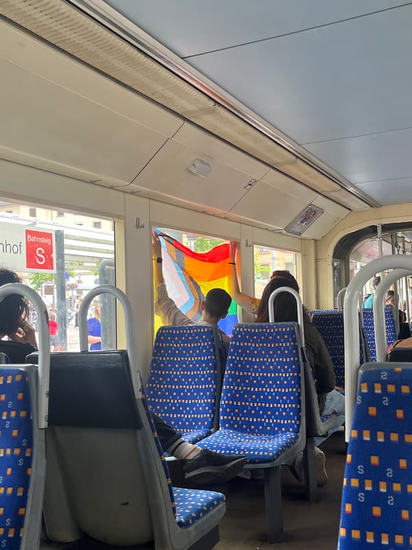 Pride flag displayed on Saarbrücken train, church street documented