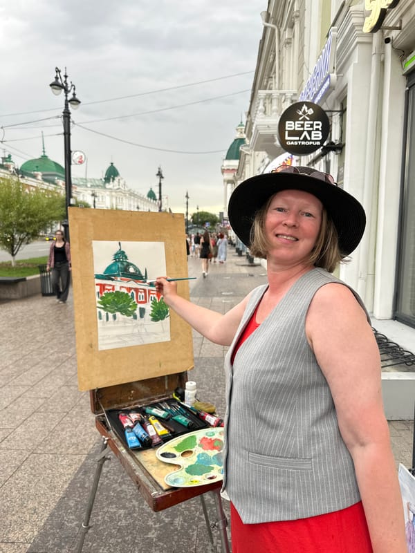 Street art, sculptures, and quirky shop windows in central Omsk