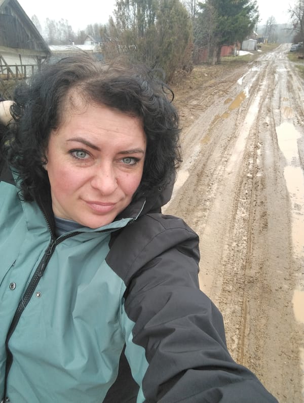 Woman takes morning selfie in rural Russian village