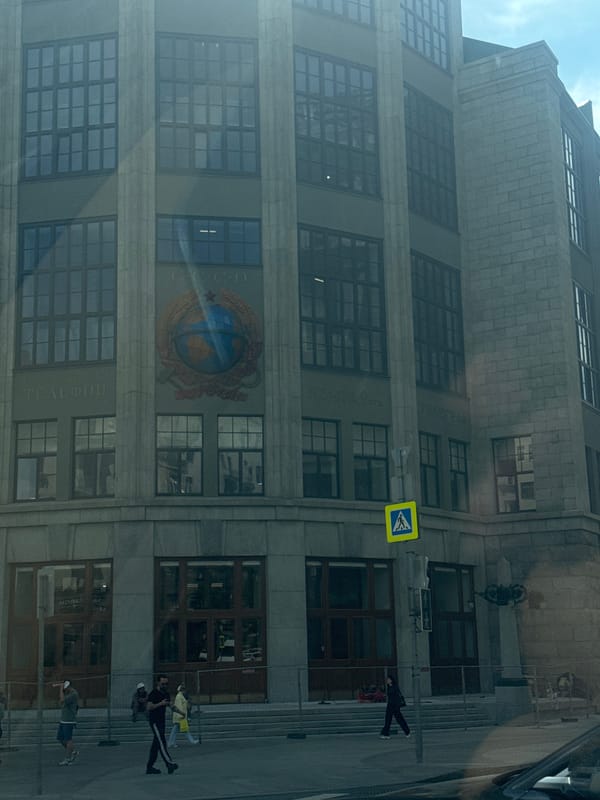 Driving past the Central Telegraph on a sunny Moscow morning