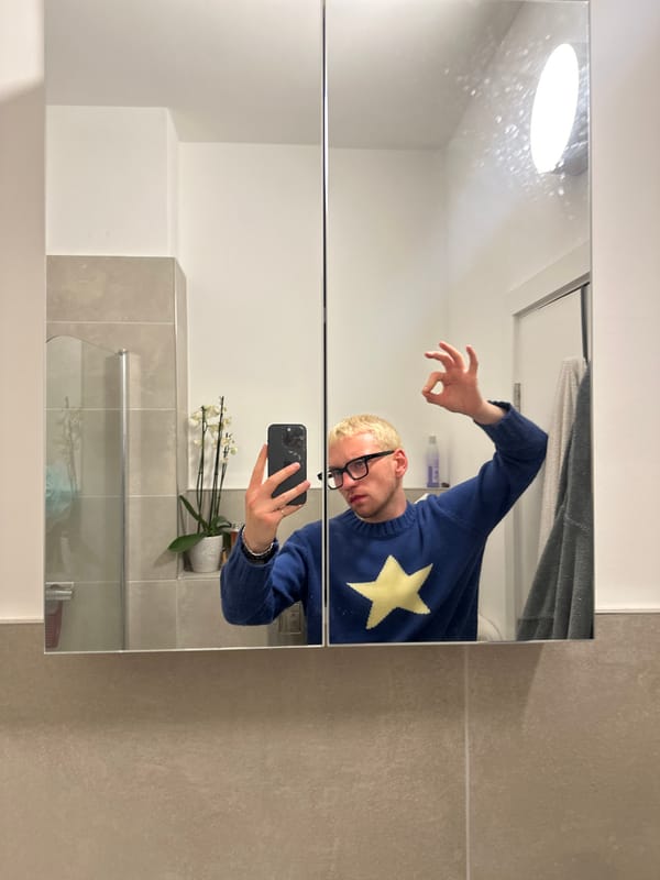 Person takes bathroom mirror selfie in star-patterned sweater