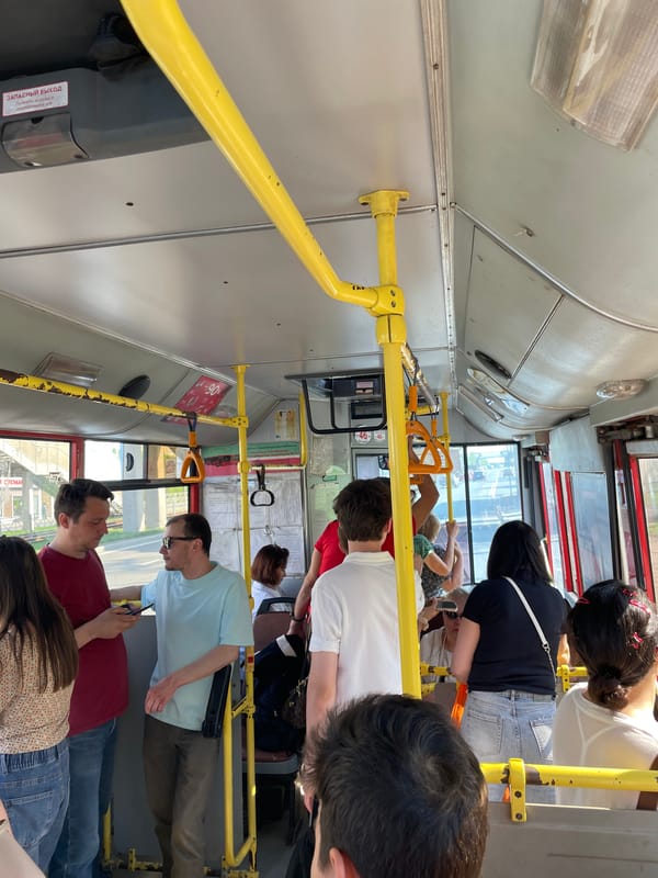 Overcrowded public bus documented in Kazan, Russia