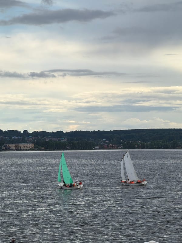 Two sailboats spotted on calm waters near Novosolomenniki, Russia