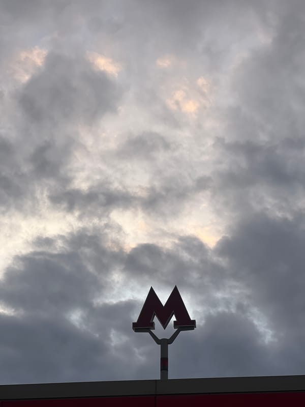 Moscow Metro sign photographed against cloudy sky in Kommunarka