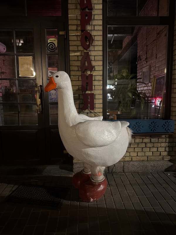 White goose statue marks ODETTE business entrance in Hrodna