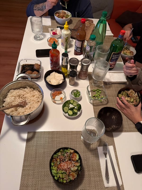 Dinner gathering captured in Varna featuring poke bowl meal