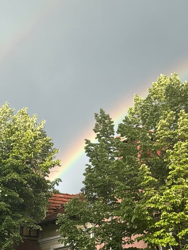 Rainbow appears over historic Veliko Tarnovo, Bulgaria