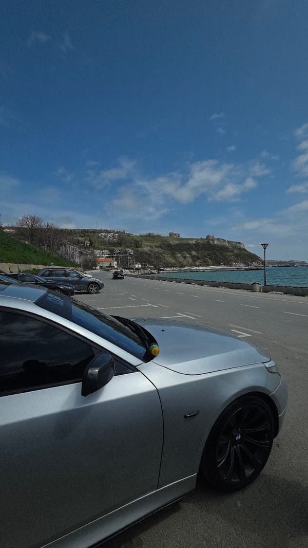 Silver BMW parked near Black Sea in Kavarna, Bulgaria