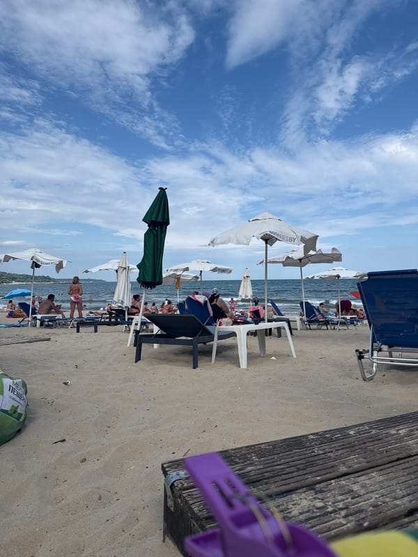 Beach, pool, and a walkway on a sunny vacation day