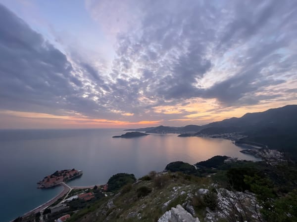 Panoramic sunset view captured of Sveti Stefan island, Montenegro