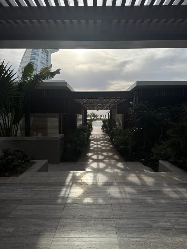 Dubai architectural walkway and metal fish sculpture observed