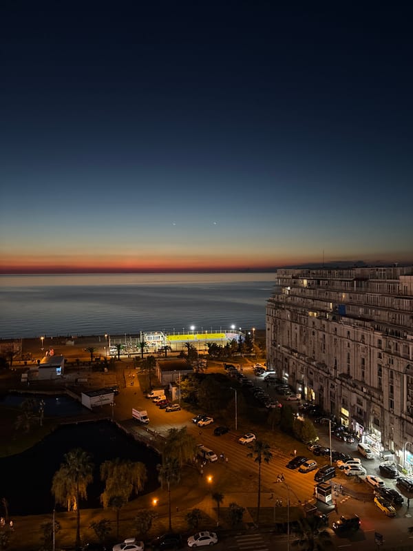 Woman documents evening scenes across modern Batumi with pet dog