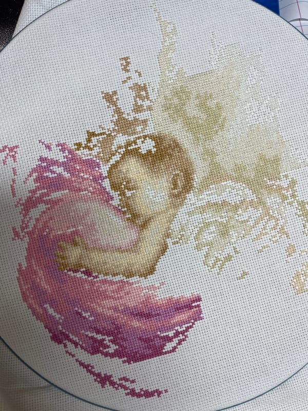 Handcraft evening: cross-stitch and crocheted bunny documented in Hrodna