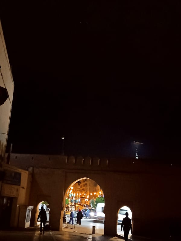 Nighttime scenes captured near medieval gate in Rabat, Morocco