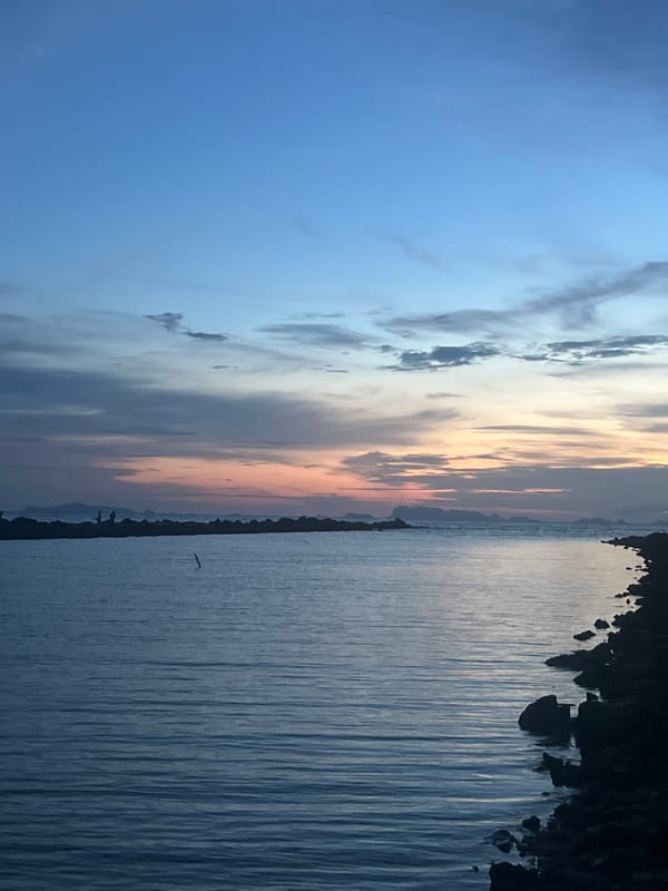Dusk at a rocky shore, silhouettes facing the fading horizon