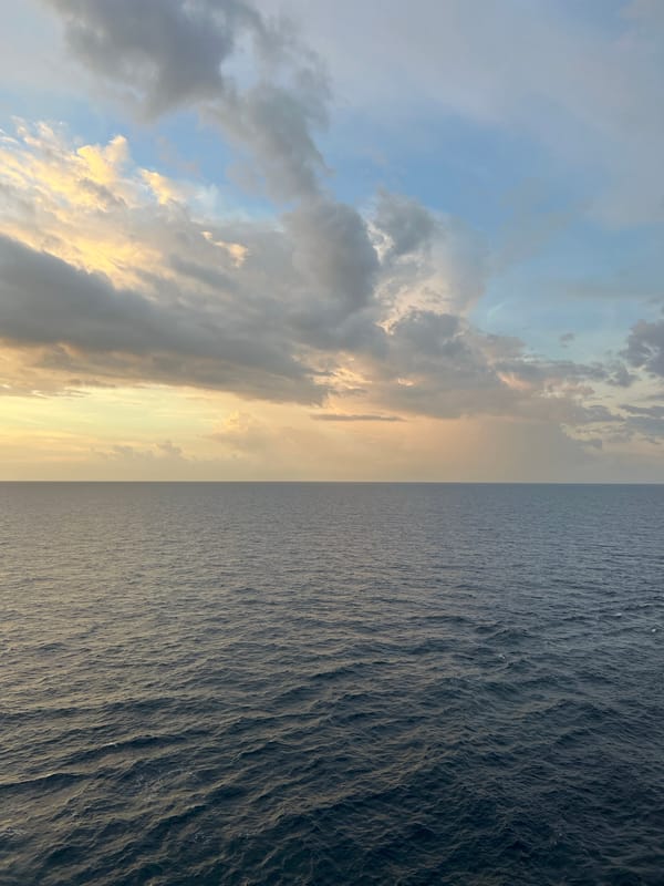 Open ocean at golden hour, sun low on the horizon