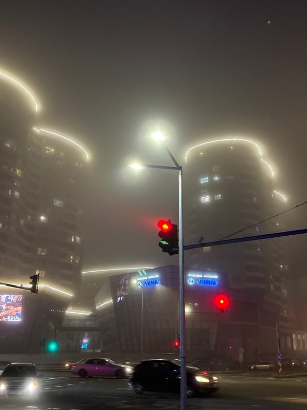 Heavy fog shrouds Burgas, Bulgaria streets and buildings