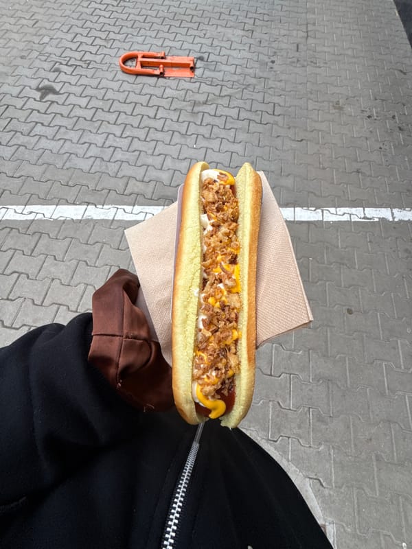 Person enjoys hot dog with condiments in Sofia