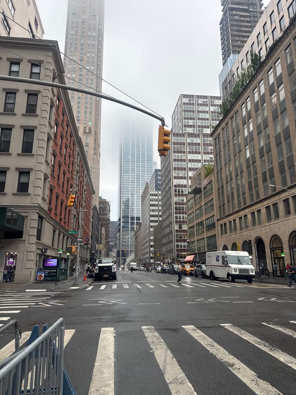 Foggy evening on Brooklyn streets, wet pavement and city architecture