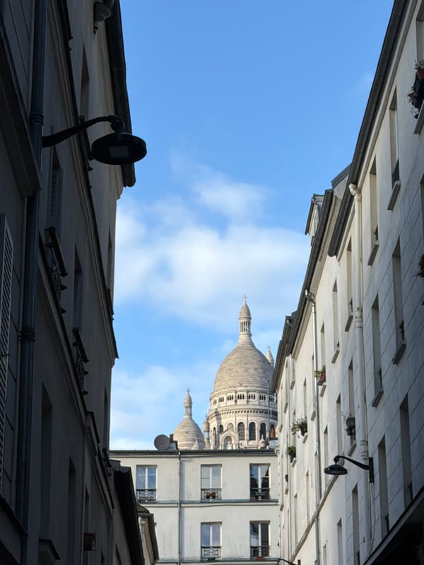 Upward view captured in Parisian alley near Sacré-Cœur