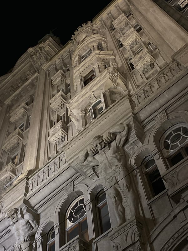 Ornate Buenos Aires building facade photographed at night