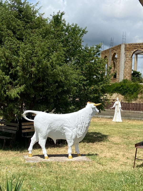 Bull sculpture and valley views at a rural Ukrainian overlook