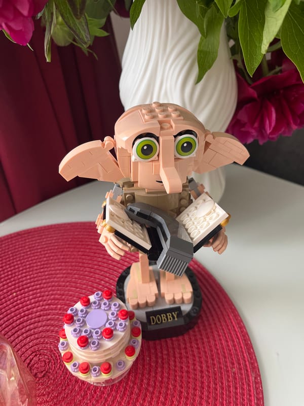LEGO Dobby figurine photographed with flowers in Shushary, Russia