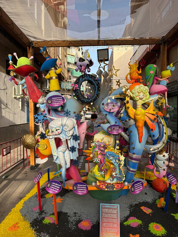 Colorful Fallas monuments line the streets in full festival mode