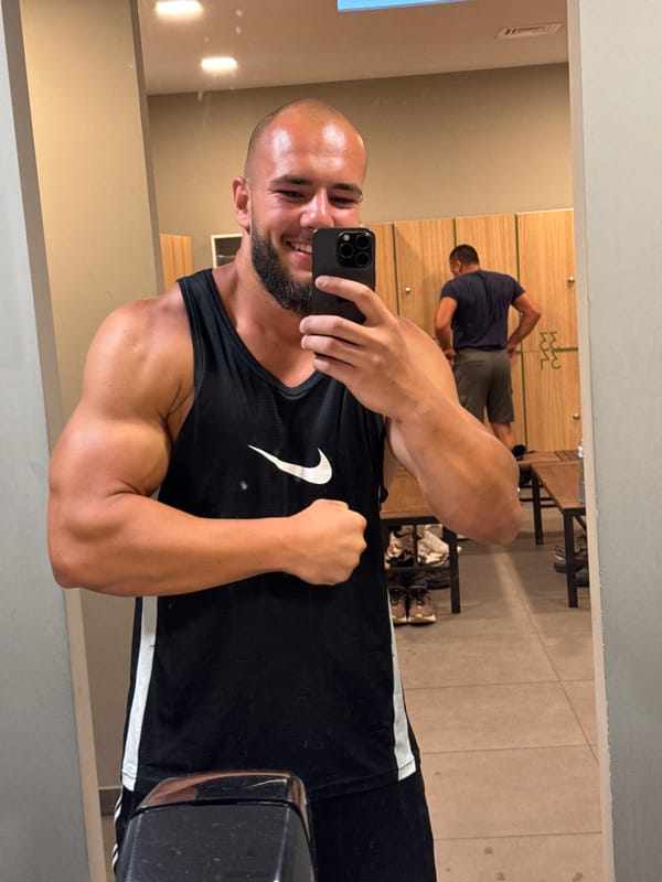 Post-workout mirror selfie series from a Sofia gym locker room
