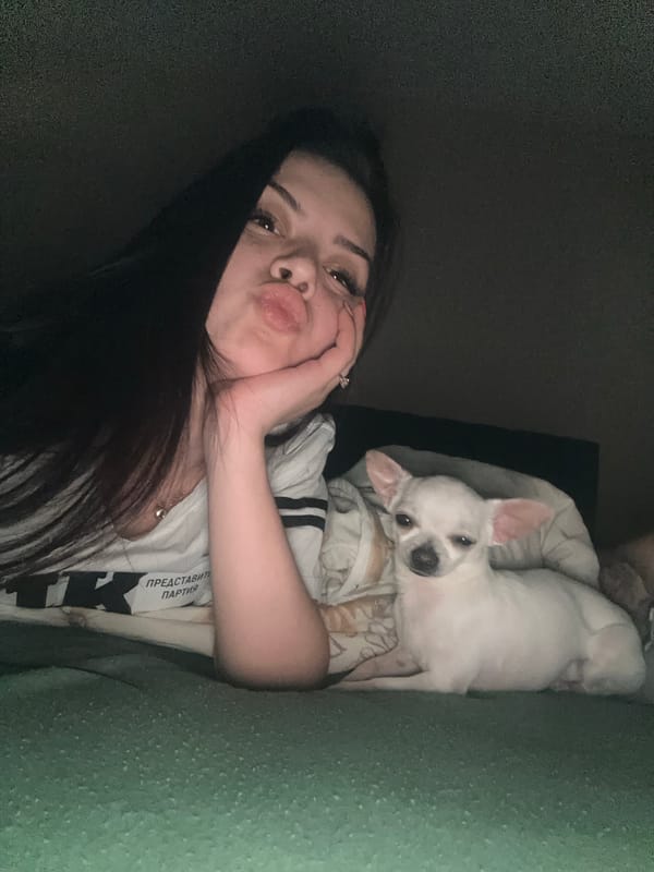 Woman poses with white Chihuahua on couch in Bulgaria
