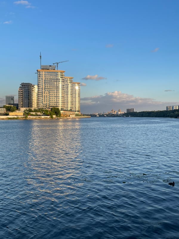 Calm blue waterfront on a summer afternoon in Khimki