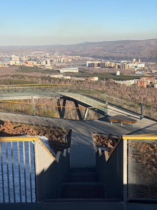Friends enjoy sunny day sightseeing at Krasnoyarsk observation point