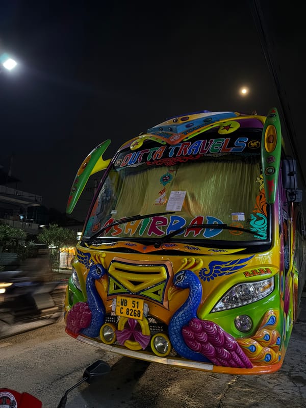 Decorated Nepali bus spotted in Pokhara streets under full moon